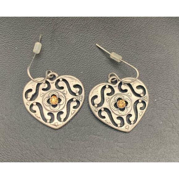 Silvertone And Amber Rhinestone Heart Earrings Whimsygoth Fairygoth - Picture 1 of 4
